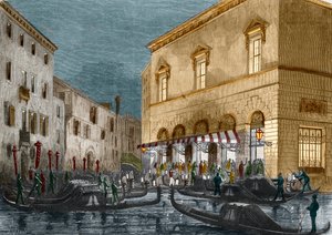 Gondoliers ينتظرون المتفرجين خارج Teatro La Fenice ، البندقية ، إيطاليا ، من Le Monde Illustre رقم 564 ، 1868 بواسطة المدرسة الايطالية