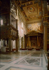 Gothic art: view of the papal altar above the Tabernacle made by Giovanni di Stefano around 1367 adorns twelve panels decorated with frescoes by Barna da Siena (14th century). 1367-1368. Basilica of St. John of Laterano (San Giovanni in Laterano) بواسطة المدرسة الايطالية
