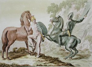 سلاح الفرسان اليوناني ، لوحة 44 من "Le Costume Ancien et Moderne" بقلم Jules Ferrario ، نُشر في الفترة ما بين 1820 و 30 ثانية (لون ليثو) بواسطة المدرسة الايطالية