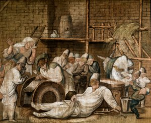 شخصيات بشعة من Commedia dell'arte في ديكور حظيرة ، إحداها هي deculotte لوحة للمدرسة الرومانية في القرن السابع عشر Biblioteca e Museo Teatrale del Burcardo Rome بواسطة المدرسة الايطالية