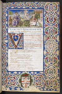 Harley 3567، f.9 Miniature of Petrarch and Laura، with Love يصوب سهمه إلى Laura ، من "Rime and Trionfi" بواسطة المدرسة الايطالية
