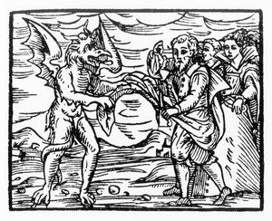 تحية للشيطان ، نسخة من رسم توضيحي من Compendium Maleticarum بواسطة Fr M Guaccius ، ميلانو 1608 ، تم استخدامه في تاريخ السحر ، تم نشره في أواخر القرن التاسع عشر بواسطة المدرسة الايطالية