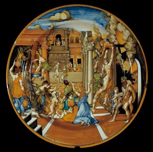إلياذة هومير: طبق خزفي يمثل نار طروادة. أدركت في فاينسا. 1525-1530. باريس ، متحف اللوفر بواسطة المدرسة الايطالية