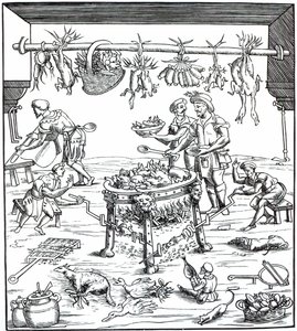 داخل مطبخ إيطالي ، بعد قطع خشبية في تكوين Banchetti di Vivende بواسطة Christoforo di Messisburgo ، تم نشره عام 1549 بواسطة المدرسة الايطالية