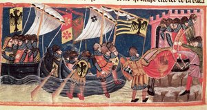 يوليوس قيصر (100-44 قبل الميلاد) هبط في إنجلترا ، من Le Vite di Dodici Cesari بواسطة Suetonius (c.75-150) بواسطة المدرسة الايطالية