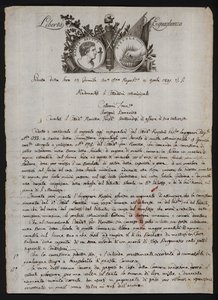 Letter in Italian, with a depiction of the head of Brutus the younger, a burning hand representing Gaius Mucius Scaevola, and the motto of the French Revolution بواسطة المدرسة الايطالية