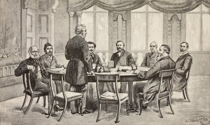 London conference on Egypt, United Kingdom: Count Munster, Musurus Pasha, Granville (standing), Count Nigra, Waddington, De Staal, Childers, Count Karolyi, engraving from drawing by Edoardo Ximenes, from L