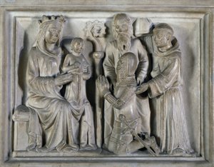 Madonna and Child, with a warrior and saints, relief created ??by The Masters of Campione. Italy بواسطة المدرسة الايطالية