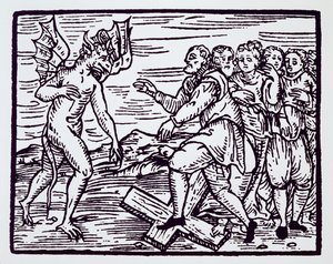 ساحرة ذكر تتخلى عن المسيح ، نسخة من رسم توضيحي من Compendium Maleticarum بواسطة Fr M Guaccius ، ميلانو 1608 ، تم استخدامه في تاريخ السحر ، تم نشره في أواخر القرن التاسع عشر