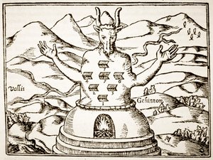 Moloch ، نسخة من رسم توضيحي من Oedipus Aegyptiacus بقلم أثناسيوس كيرشنر ، روما 1652 ، تم استخدامه في تاريخ السحر ، نُشر في أواخر القرن التاسع عشر بواسطة المدرسة الايطالية