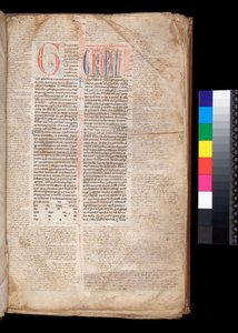 Ms 213. غريغوري التاسع ، Decretales with Apparatus بقلم برناردو بوتون من بارما ، ف. الأولي [G] باللون الأحمر مع زخرفة منقوشة وأزرق بواسطة المدرسة الايطالية