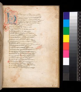 Ms 315. Horace، Ars Poetica and Epistulae، f.1r. مزخرف [N] مبدئيًا بحشو حفاضات باللونين الأزرق والأحمر وأعمال القلم المحيطة باللون الأحمر بواسطة المدرسة الايطالية