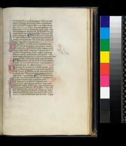 Ms 373. Pseudo-Cicero، Rhetorica ad Herenary، and other Works، f.50r. أحرف استهلالية مزدهرة بالقلم وزخرفة على الهامش تمثل راهبًا راكعًا حافي القدمين ، حوالي 1337 بواسطة المدرسة الايطالية