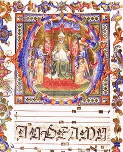 Ms 557 f.35v مبدئي مؤرخ بـ "O" يصور إيجيديوس (سانت جايلز) (ت. 700) متوجًا محاطًا بالملائكة ، من "Messale di Sant