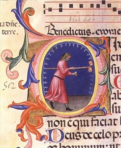Ms 559 f.113v حرف `` O '' مبدئي تاريخي يصور القديس يوسف ممسكًا بقضيب مع علمين مزينين بالحمامات ، من سفر المزامير لسانتا ماريا نوفيلا ، ينير بواسطة باولو سولديني (من 1342 إلى 86) 1379 (ورق) بواسطة المدرسة الايطالية