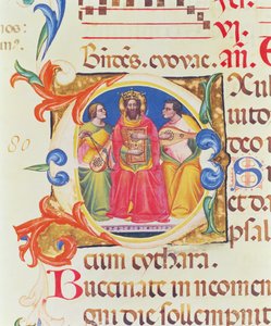 السيدة 559 f.155v O الأولي التاريخي الذي يصور الملك داود وملائكين ، من كتاب مزامير سانتا ماريا نوفيلا ، مضاء بواسطة باولو سولديني (fl.1342-86) 1379 بواسطة المدرسة الايطالية
