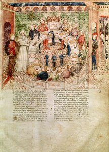 السيدة Fr 343 fol.3 ، رحب السير Galahad إلى الطاولة المستديرة من Queste del Saint Graal ، c.1380-85 بواسطة المدرسة الايطالية