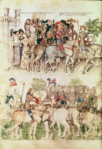 السيدة Fr 343 fol.8v آرثر وفرسانه يشرعون في البحث عن الكأس المقدسة ، من Queste del Saint Graal ، c.1380-85 بواسطة المدرسة الايطالية