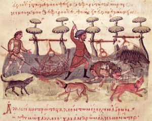 السيدة Grec 479 الصيد بالشبكات ، رسم توضيحي من Cynegetica بواسطة Oppian (درجة الحرارة على الرق) بواسطة المدرسة الايطالية