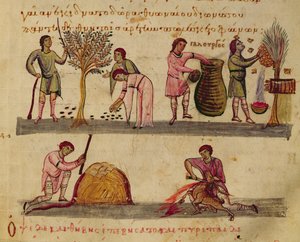Ms Grec 479 العمل في الحقول ، التوضيح من Cynegetica بواسطة أوبيان (درجة الحرارة على الرق) بواسطة المدرسة الايطالية