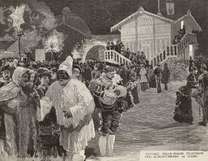 Music kiosk to raise money for blind, Pulcinella mask, Carnival in Naples, Italy, engraving from drawing by Matania, engraving by Gamberoni from L