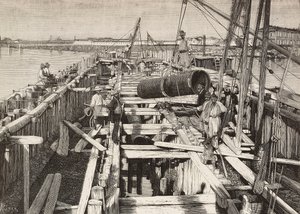 New aqueduct in Venice, laying the channel in the lagoon, Italy, engraving from drawing by Riera, from L