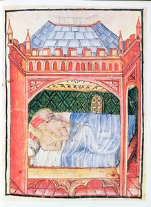 Nouy Acq Lot 1673 fol.100 زوجان في السرير ، من Tacuinum صحي ، c.1390-1400 بواسطة المدرسة الايطالية