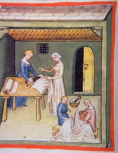 Nova 2644 fol.105v متجر الخياطين: ملابس الكتان ، من Tacuinum Sanitatis بواسطة المدرسة الايطالية