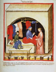 Nova 2644 fol.106r متجر الخياطين: ملابس الحرير ، من Tacuinum Sanitatis بواسطة المدرسة الايطالية
