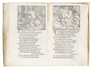 صفحة من "Sonetti Lussuriosi" بقلم Pietro Aretino ، تم رسمها بواسطة Giulio Romano ونقشها Marcantonio Raimondi ، نُشرت البندقية ، حوالي 1527 بواسطة المدرسة الايطالية