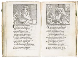 صفحة من "Sonetti Lussuriosi" بقلم Pietro Aretino ، تم رسمها بواسطة Giulio Romano ونقشها Marcantonio Raimondi ، نُشرت البندقية ، حوالي 1527 بواسطة المدرسة الايطالية