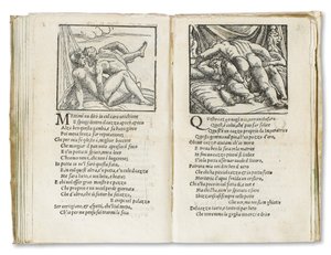 صفحة من "Sonetti Lussuriosi" بقلم Pietro Aretino ، رسمها جوليو رومانو ونقشها Marcantonio Raimondi ، منشور البندقية ، حوالي 1527 (طباعة ونقش خشبي) بواسطة المدرسة الايطالية