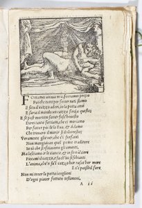 صفحة من "Sonetti Lussuriosi" بقلم Pietro Aretino ، رسمها جوليو رومانو ونقشها Marcantonio Raimondi ، منشور البندقية ، حوالي 1527 (طباعة ونقش خشبي) بواسطة المدرسة الايطالية