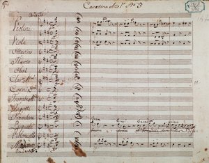 صفحة النوتة الموسيقية من الفصل الأول لأوبرا "Olivo e Pasquale" بقلم Gaetano Donizetti (حبر على ورق) بواسطة المدرسة الايطالية