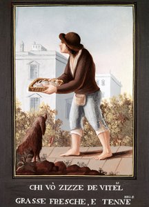 Petites Metiers Neapolitans: بائع ضروع البقر - (التجارة القديمة: بائع ضرع الأبقار) لوحة مائية من القرن التاسع عشر - متحف نابولي Nazionale di San Martino بواسطة المدرسة الايطالية