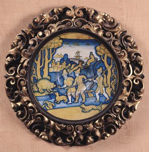 لوحة مزخرفة بمنظر صيد ، ورشة ديروتا ، c.1540-45 (مايوليكا) بواسطة المدرسة الايطالية