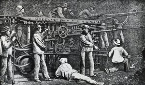 Pneumatic rock-drilling machine created by Giovanni Battista Piatti and perfected by Germano Sommeiller (1815-1871), engraving Italy بواسطة المدرسة الايطالية