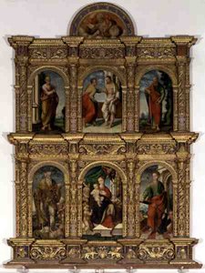 Polyptych تظهر مادونا والطفل مع القديسين (زيت على لوحة) بواسطة المدرسة الايطالية