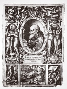 البابا بيوس الخامس ، مع الصور الكاملة لمعركة ليبانتو ، من Vita del Gloriosissimo Papa Pio Quinto ، حانة. 1586 بواسطة المدرسة الايطالية