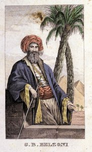 صورة لجيوفاني باتيستا (جيانباتيستا) بيلزوني (1778-1823) ، المستكشف وعالم الآثار الإيطالي ، الذي قام باكتشافات أثرية مهمة في مصر. نقش - في "" Viaggio in Egitto e in Nubia "بقلم بيلزوني ، ميلان بواسطة المدرسة الايطالية