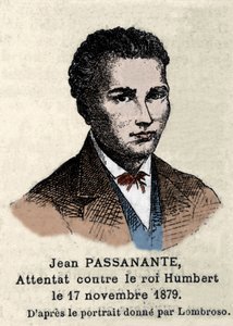 صورة جيوفاني باسانانت (1849-1910) الذي نفذ الهجوم على الملك الإيطالي أومبرتو الأول (هامبرت الأول) في نابولي عام 1878 بعد الصورة التي رسمها سيزار لومبروسو (1835-1909). ألهم هذا الحدث الشاعر جيوفاني باسكولي (1855-1912) في آن بواسطة المدرسة الايطالية