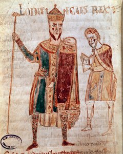 صورة لويس الأول الورع (778-840) ، صفحة مخطوطة ملك فرنسا (مللي ثانية) "Codex Legum Longobardorum" (أو Langobardorum) التي تصف قوانين مملكة لومبارد التي أنشأها الملك روثاري بواسطة المدرسة الايطالية