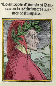 صورة للشاعر الإيطالي دانتي أليغيري (1265-1321). نقش. Frontispice of "" Il convivio "" من عام 1554 بواسطة المدرسة الايطالية