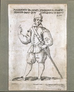 صورة لصياد نابولي والثوري ماسانييلو (1623-1647) (صورة ماسانييلو ، صياد نابولي وقائد الثورة ضد حكم هابسبورغ في نابولي عام 1647) نقش من القرن السابع عشر متحف ناسيونالي دي سان مارتينو نابلي بواسطة المدرسة الايطالية