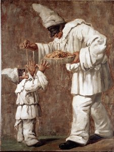 Pulcinella (polichinelle) شخصية Commedia dell'arte تعطي المعكرونة (السباغيتي) لوحة بوليشينيل صغيرة مجهولة. المتحف الوطني للمعكرونة في القرن التاسع عشر ، مؤسسة أغنيسي ، روما بواسطة المدرسة الايطالية
