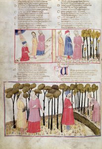 Purg.XXVIII f.47v فيرجيل يأخذ إجازته والغابة الإلهية ، من الكوميديا الإلهية لدانتي أليغييري (1265-1321) بواسطة المدرسة الايطالية