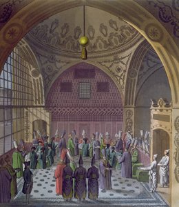 استقبال السفراء الغربيين من قبل الوزير الأعظم للسلطان في القسطنطينية ، 1820 (نقش ملون) بواسطة المدرسة الايطالية