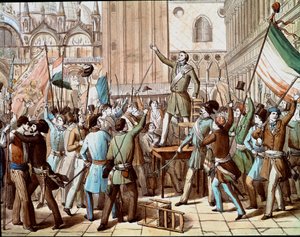 تمثيل دانييل مانين (1808-1857) ، السياسي الذي قاد ثورة البندقية ضد الوجود النمساوي في عام 1848: إعلان جمهورية البندقية في مارس 1848. (إعلان جمهورية البندقية في مارس 1848 ، مع تمثيل بواسطة المدرسة الايطالية