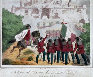 Risorgimento, Roman Republic (Repubblica romana): the soldiers of the army of Giuseppe Garibaldi, on horseback, try to reconquer the villa of the Quattro Venti in Rome on 03/06/1849. Lithography Rome Museo Nazionale del Risorgimento بواسطة المدرسة الايطالية