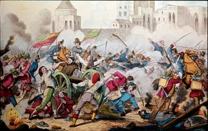 Risorgimento: معارك باليرمو في 26 مايو 1860. رحلة الألف (القمصان الحمراء). جوزيبي غاريبالدي (1807-1882) بين باليرمو والشعب الثائر انضم إليه لقتال جنود مملكة بوربون في نابولي. نقش القرن التاسع عشر الميلادي بواسطة المدرسة الايطالية